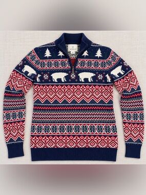 Aspen Men’s M Fair Isle Polar Bear Ski Sweater Nordic 100% Cotton Quarter Zip